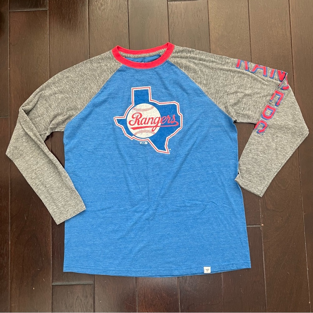 Texas Rangers Tee Fanatics MLB 3/4 Length Sleeve Blue Gray T-Shirt Mens Large